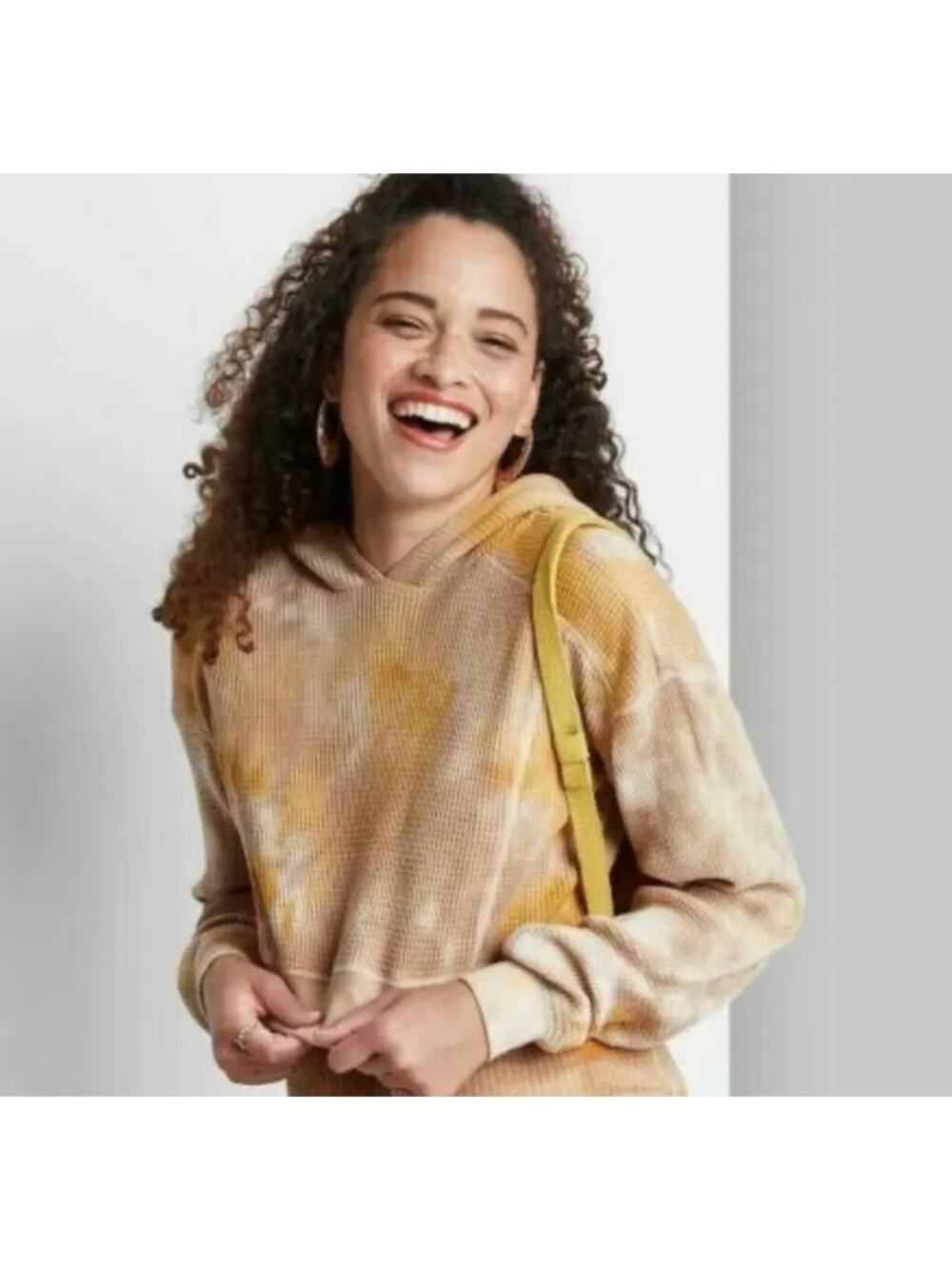 Wild Fable  Yellow and Tan Cropped Waffle Knit Thermal Hoodie - S